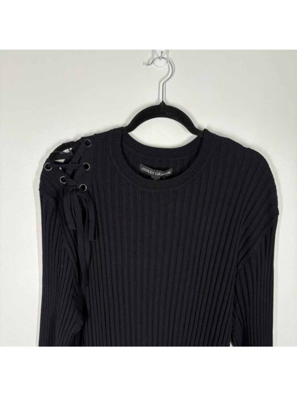 Ashley Graham Women 5X Black Ribbed Lace Up Long Sleeve Mini Sweater Dress NWT - Picture 7 of 14